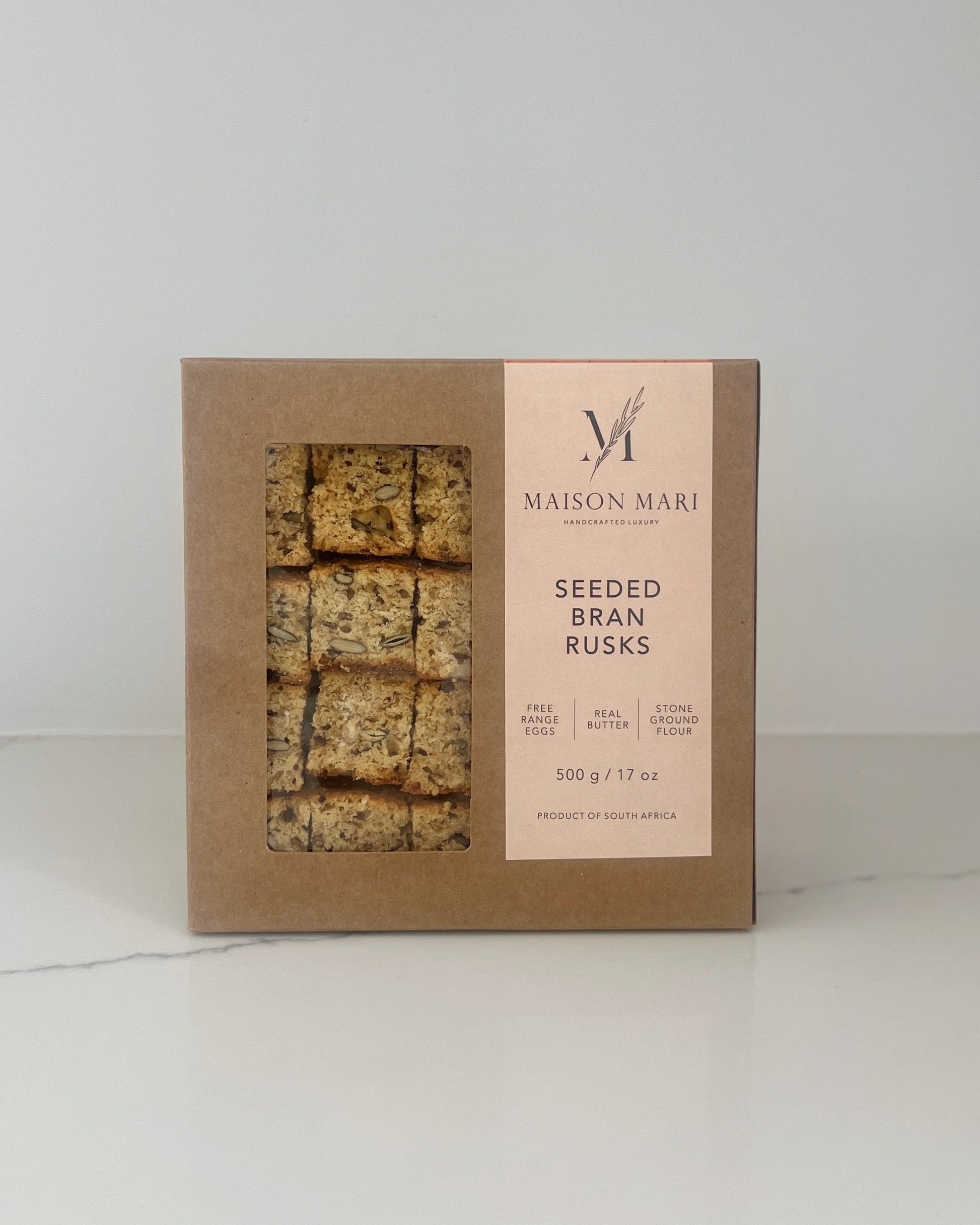 Box of Maison Mari Seeded Bran Rusks on a white background