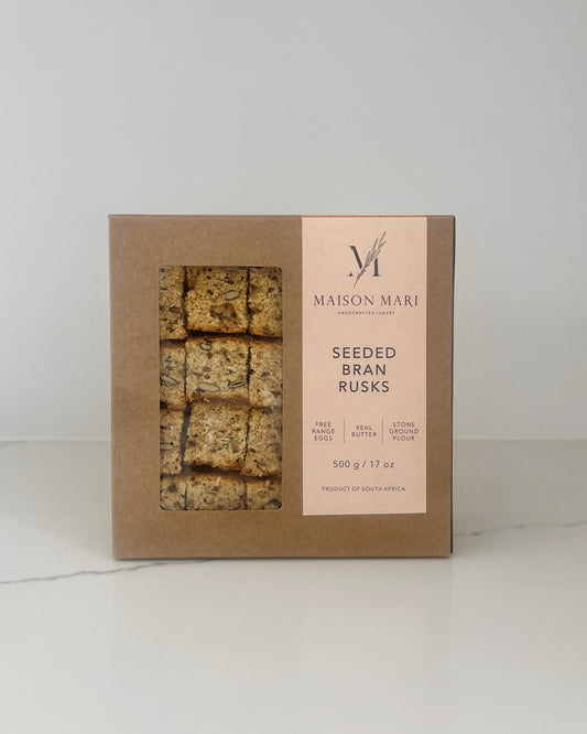 Box of Maison Mari Seeded Bran Rusks on a white background